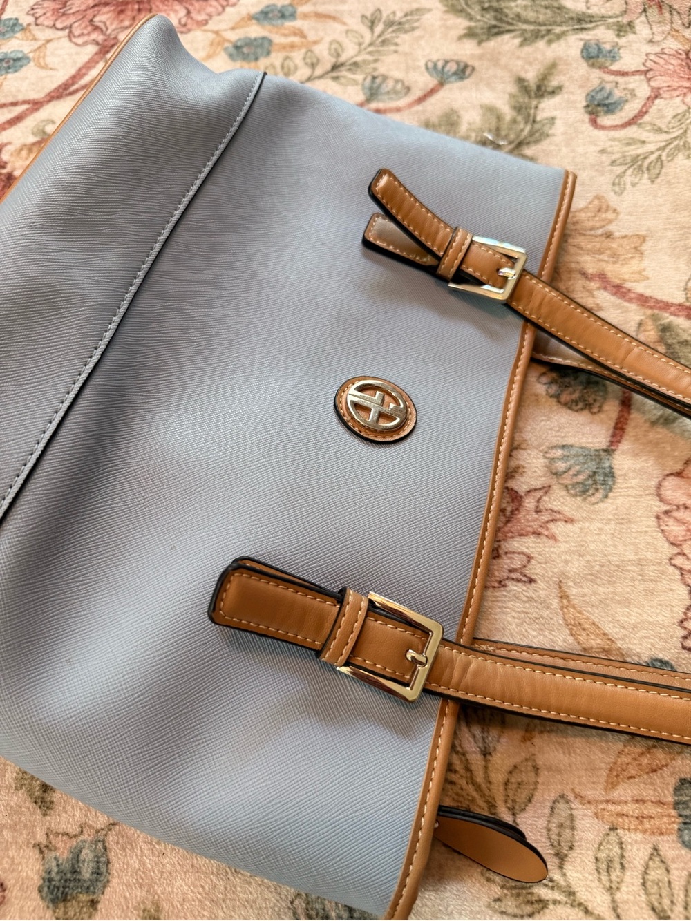 Light Blue and Tan Shoulder Tote with Circle Logo Accent - Picture 2 of 11